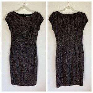 Vintage Cache Sheath Dress Size 4 Sunburst Ruched Faux Leather Trim Cocktail EUC